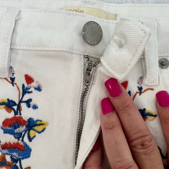 Maje Embroidered Floral Straight Leg Denim Jeans White Blue Size 36 Boho Retro - Picture 10 of 15